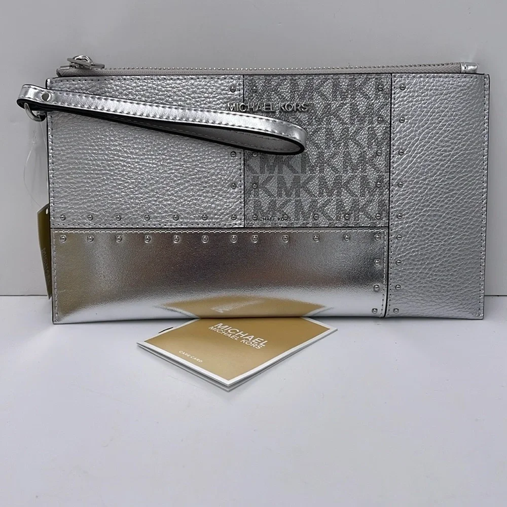Michael Kors Jet ST Lg TZ Studded Metallic Patchwork and Signature Logo Wristlet